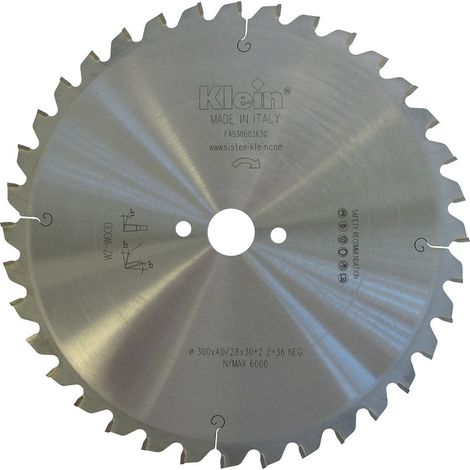 Lama circolare HW per seghe radiali a pendolo D=300, d=30, B/c=4.0/2.8, Z (Nr. denti)=36, Fori trasc.=2/10/60FAS300.03630 KLEIN (1/4)