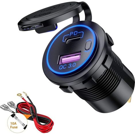 Prise de Chargeur de Voiture USB/QC3.0 et PD/Type-C avec LED et Interrupteur Étanche pour 12V/24V Voitures Bateaux Moto (Blue) (1/5)