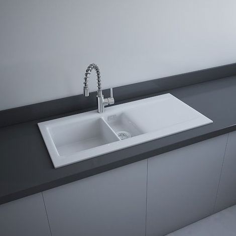 RAK Gourmet Dream 1 Ceramic Kitchen Sink 1.5 Bowl Reversible Drainer 1010mm L x 510mm W - Alpine White