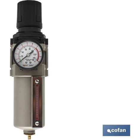 COFAN filtro aire con regulador 1/2 , Regulador decantador de instalaciones neumáticas. Varias posibilidades según consumo u caudal de aire comprimido. Hecho de material polimérico
