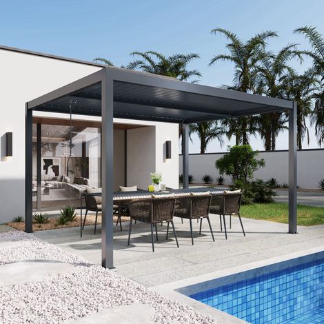 Pergola bioclimatique autoportée RIVA 4 x 3m en aluminium - Lames orientables - Gris anthracite - 4 pieds robustes (1/5)