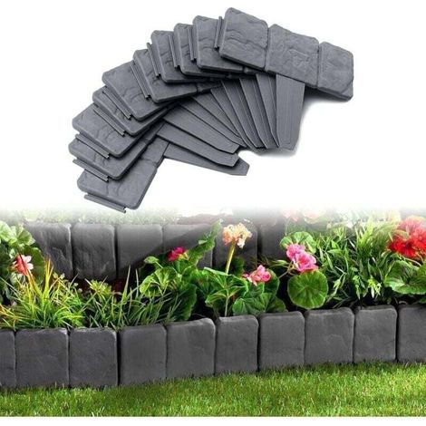 Ensemble de 10 bordures de jardin, 2,5 mètres de long, en plastique avec une texture semblable à de la pierre, flexible et adaptée aux jardins, mesurant 25 x 23 cm, gris anthracite. (1/4)