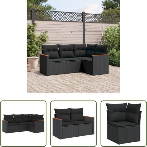 Canapé extérieur - Salon de jardin 4 pcs avec coussins noir résine tressée (1/5)