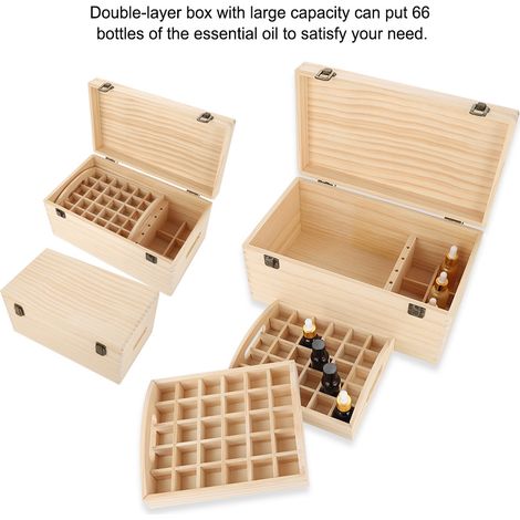 Grande boîte de rangement en bois double étage pour huiles essentielles, élégante et pratique, coffret organiseur spacieux pour flacons, rangement mural ou de table, finition naturelle (1/5)