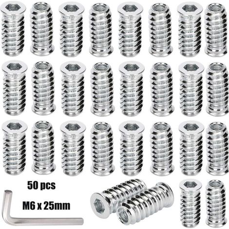 Packung mit 50 Sechskantmuttern M6 x 25 mm – Gewindeeinsätze für Hartholz – Verzinkter Stahl – Schnellverschluss (1/5)