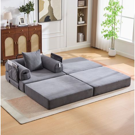 Divano modulare in velluto a coste grigio scuro con pouf e cuscino, OKWISH (1/5)