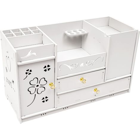 Boîte de rangement cosmétique – 45×19×27 cm, blanche, avec miroir – Pour maquillage, soins, bouteilles hautes – 2 tiroirs (1/5)