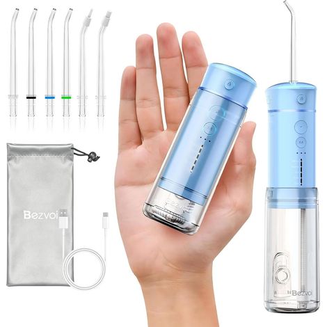 Mini Hydropulseur Voyage 5 Modes, 6 Embouts, Réservoir Télescopique Sac de rangement inclus, Charge USB-C, Étanchéité IPX7, Convient aux bagues dentaires et gencives sensibles (1/5)