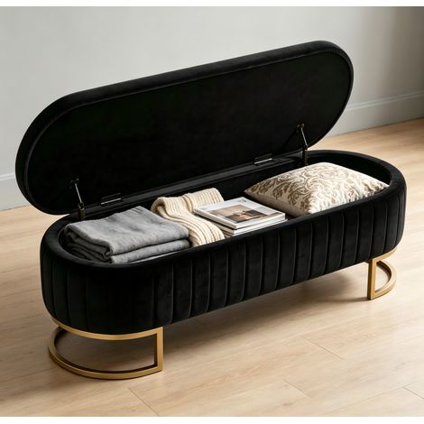 Aufbewahrungsbank 130 cm aus schwarzem Samt mit goldenen Metallfüßen OKMYHOME (1/5)