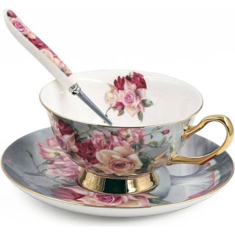 Fleurs Tasse à Thé Anglais Tasse à Café en Porcelaine à la Cendre Os avec Soucoupe Cuillère Impression Camélia Blanc SERVICE A CAFE (1/5)