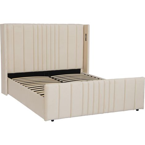 Lit complet avec sommier relevable prises USB et lumières intégrées Line 160x200cm Velours Beige (1/5)