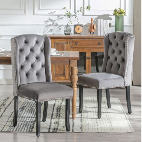 Silla de comedor de terciopelo gris con patas de roble y respaldo curvo,49×61×100cm (1/5)