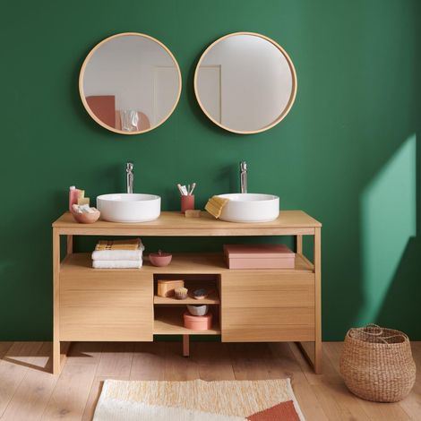 Mueble doble 140cm roble lavabos blancos grifos espejo ATOLL