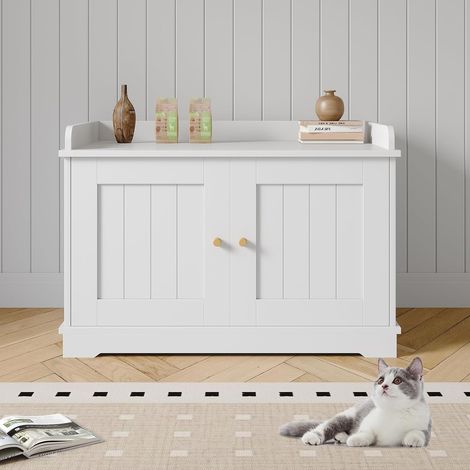 Meuble cache-litière pour chat – Armoire bois design, porte grange coulissante, anti-chien, grand capacité, table d’appoint multifonction, Blanc (1/5)