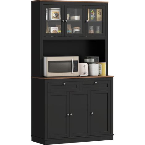 HOMCOM Credenza Cucina Alta con 2 Cassetti e 4 Armadietti in Legno e Vetro Nero