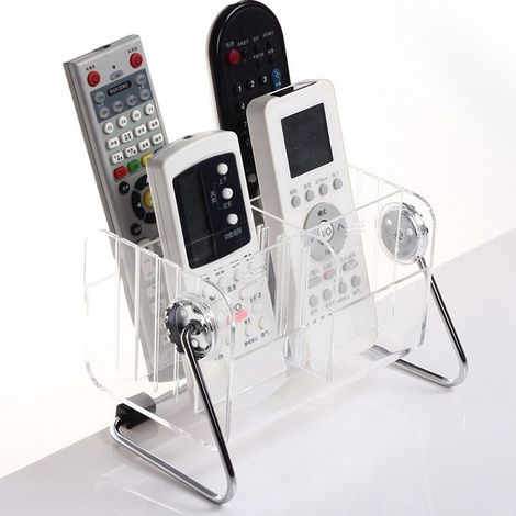 Transparenter Schreibtisch-Organizer mit Fernbedienung und Handyhalterung, verstellbarem Metallregal und rutschfestem Boden für stilvolle Aufbewahrung zu Hause oder im Büro. (1/5)