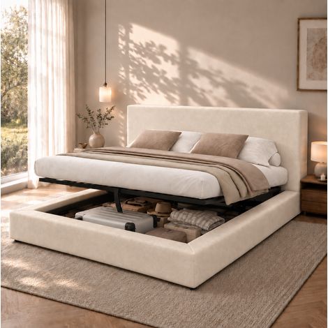 Lit coffre 180x200 cm chenille beige, rangement hydraulique gain de place, sans matelas – MEUBLIV (1/5)
