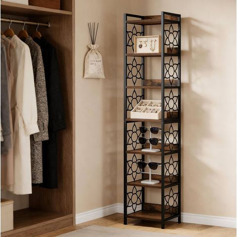 Scaffale angolare 7 ripiani nero e marrone rustico in MDF e metallo con protezione laterale (1/5)