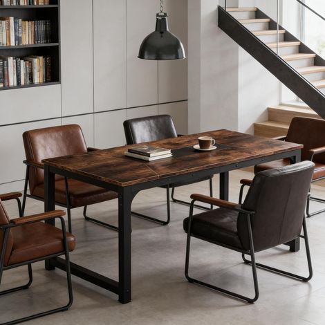 Mesa rectangular industrial 180 x 90 x 77 cm, metal y madera, negra y marrón rústica (1/5)