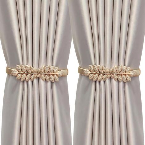 Set of 2 Leaf-Shaped Curtain Tiebacks - Adjustable Clip with Spring Cord - for Home Decoration (Gold-1) (1/5)