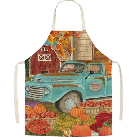 Tablier - Lin - Pour Cuisine Et Travaux Ménagers - Motif Tournesol Citrouille - 65 X 75 Cm - 1 Pièce (1/4)