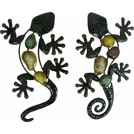 royaluxe - Métal Gecko Décoration Murale Lézard Jardin Art Suspendu Sculptures Décorations Extérieures pour Maison Patio ou Clôture, Lot de 2, (1/5)