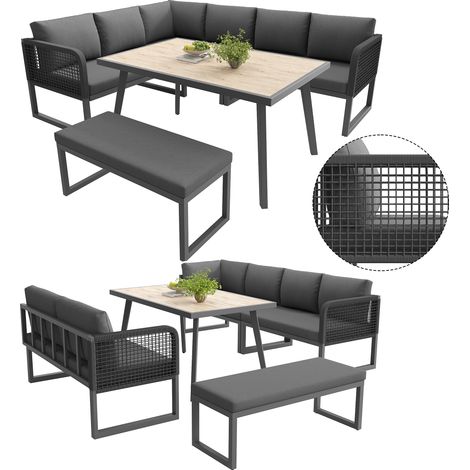Salotto da Giardino con 2 Divani, 1 Panchina e 1 Tavolo, Design Modulare e Cuscini Spessi e Sfoderabili, per Terrazza, Rattan PE, Ferro e Tessuto Impermeabile, Grigio (1/5)