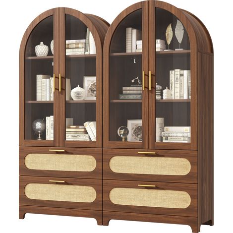 CAIziVitrine avec arche Montmartre2, 175 x 80 x 40 cm, bibliothèque avec 2 tiroirs et étagères réglables, design rétro, noyer (1/5)