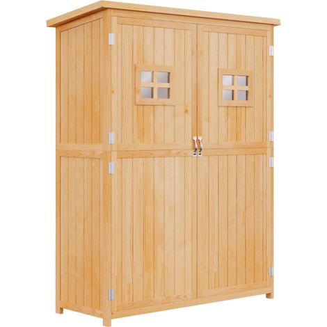 Armoire de Jardin en Bois Massif 127,5 x 50 x 164 cm – 2 Portes, 2 Fenêtres, Toit Bitumé, Étagères Intégrées, Naturel (1/5)