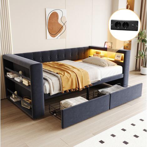 lit simple 90x190 avec tiroirs LED prises gris HAVRYA (1/5)