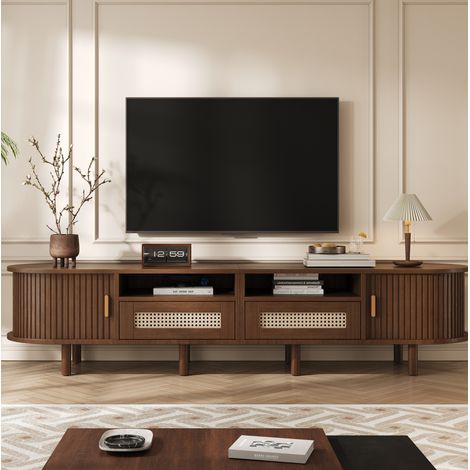 Meuble TV ovale 170 x 40 x 40 cm, 2 tiroirs effet rotin, 2 portes coulissantes, noyer (1/5)