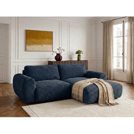BOBOCHIC - Canapé d'angle compact convertible coffre LUCIEN gros côtelé doux Angle droit  Bleu foncé (1/5)
