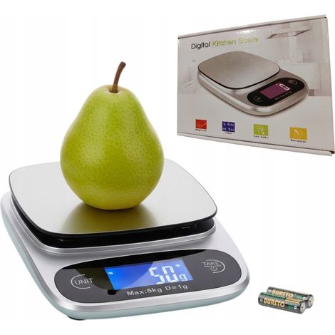 Balance de cuisine électronique argentée/grise avec écran LCD, précision de 1 g à 5 kg, tare