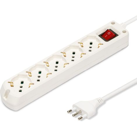 Velamp Multipresa - 5 Prese Polivalenti (Schuko + 10/16A) - Spina Grande 16A - Interruttore Luminoso – Colore Bianco (1/5)
