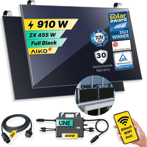 ROBINSUN®️ Kit Solar Enchufable Performance Balcony 910Wp, 2 paneles Aiko 455Wp+1 Microinversor 800W con Wifi incluído+Cable 3m+2 Fijaciones SolarHook