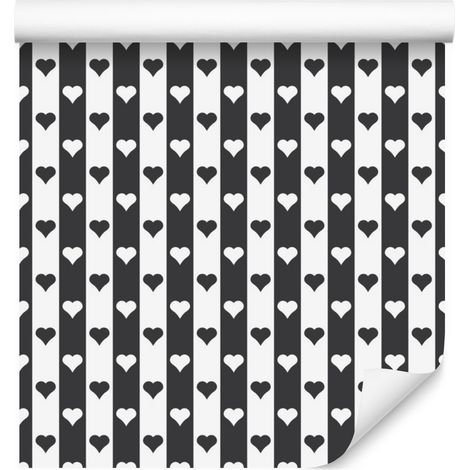 Papel pintado de rayas blancas y corazones para salón y dormitorio, 50x1000 cm. (1/5)