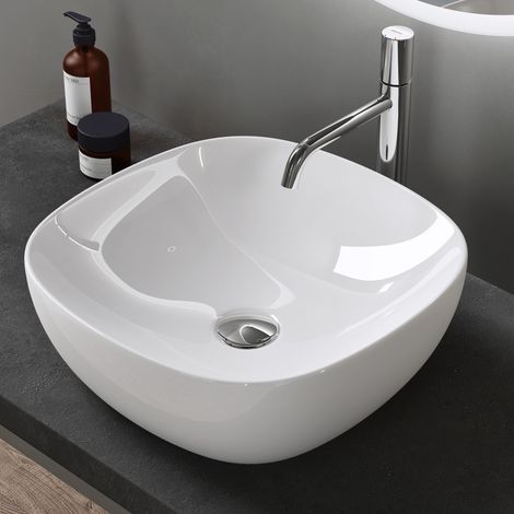 doporro® lavabo sobre encimera lavabo de cerámica ovalado 405x405x140 mm lavabo de blanco brillante para aseo de invitados Brüssel104