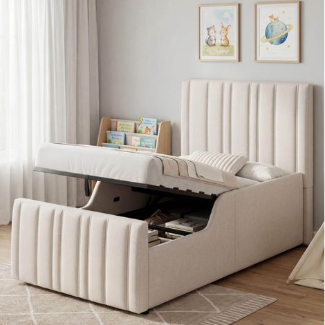 Kinderbett 90x200 cm beige aus Leinen mit hydraulischem Stauraum und gepolstertem Kopfteil (1/5)