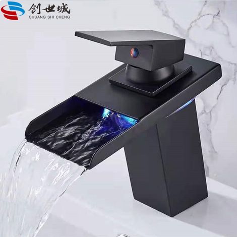 Factory direct supply of LED waterfall faucets, light-up and color-changing square washbasin and bathroom cabinet faucets, cross-border supply -- black low-profile model
