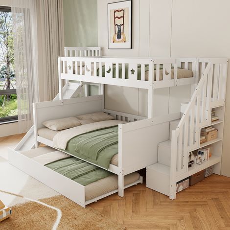 Letto a castello in legno massello bianco 90x200/140x200 cm con scivolo, scaletta, letto estraibile e rete inclusa