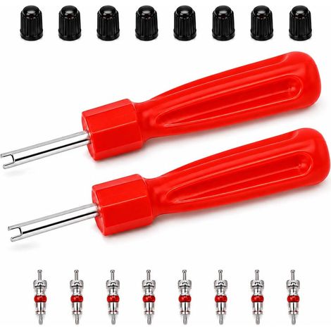 2 Sets Extracteur de Noyau de Valve, Outil Démonte Obus Valve à Tête Unique Rouge avec Obus et Bouchons, Extracteur Valve Pneu pour Vélo Voiture Moto Camion Réparation Rapide (1/5)