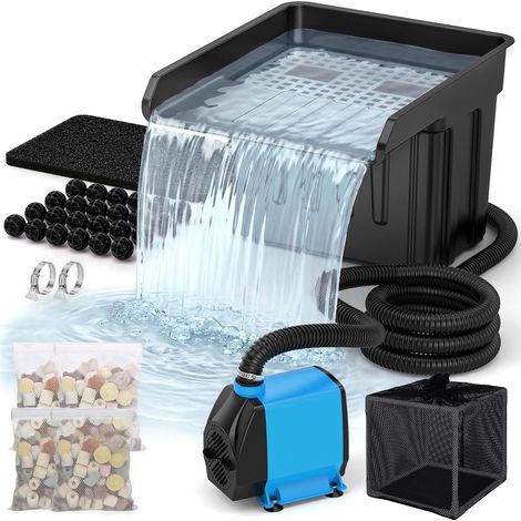 Kit de déversoir pour cascade de bassin, filtre pour cascade de bassin avec pompe silencieuse de 3700L/h et cage filtrante, tuyau ondulé de 4m, média filtrant pour bassins extérieurs jusqu'à 11300L (1/5)