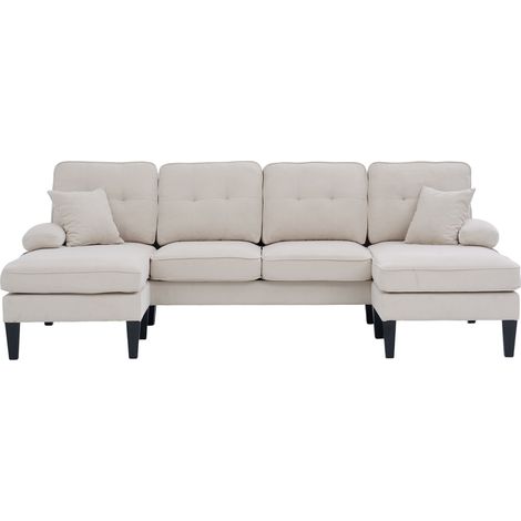 Sofá en U de 4 plazas de lino beige con 2 chaise longue y puertos USB/Type-C (1/5)