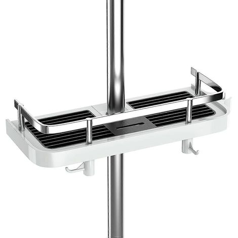 Verstellbares Duschregal ohne Bohren, geeignet für Duschstangen, Badezimmeraufbewahrung, mit 2 kleinen Haken. (1/5)