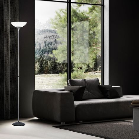 Stehleuchte Stehlampe Deckenfluter Wohnzimmerlampe, Schnurschalter, Metall titanfarben weiß, 1x E27 Fassung, DxH 28x180cm