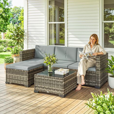Ensemble de jardin extérieur en rotin 5 pièces avec coussins, 2 fauteuils d'angle, 1 chaise sans accoudoirs, repose-pieds et table (1/5)