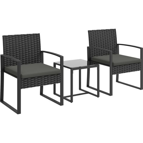 Salon de jardin résine tressée pour 2 personnes, table ronde avec plateau en verre trempé noir, 2 fauteuils extérieurs, ensemble mobilier de terrasse (1/5)
