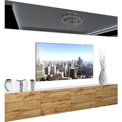 BELINI - Unité Murale TV NEX I Ensemble Muebles de Salon Complet I Ensemble Meuble TV avec Illumination LED I Dimensions: 200 x 180 x 36 cm I Coleur: Noir très Brillant/chêne wotan 1 (1/5)