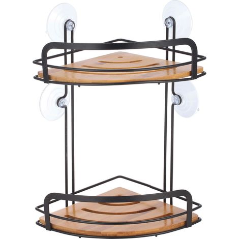 Étagère de Douche d'angle avec ventouses en Acier et Bambou - 31 x 21 x 21 cm - Noir Mat (1/4)