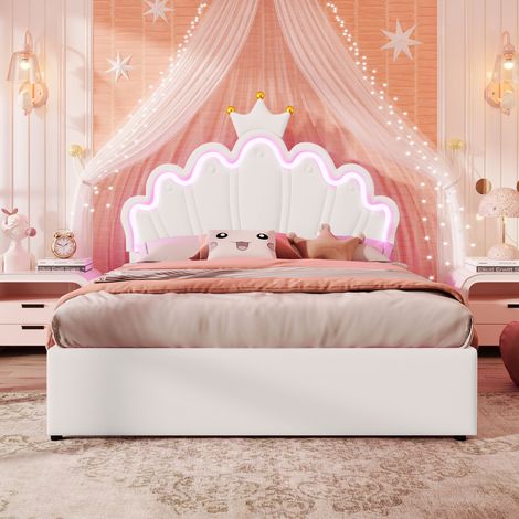 Lit Princesse Couronne, 140x200 cm, sans matelas, sommier à 2 tiroirs, tête de lit réglable, lumière d'ambiance télécommandée, en PU blanc, lit adulte. (1/5)